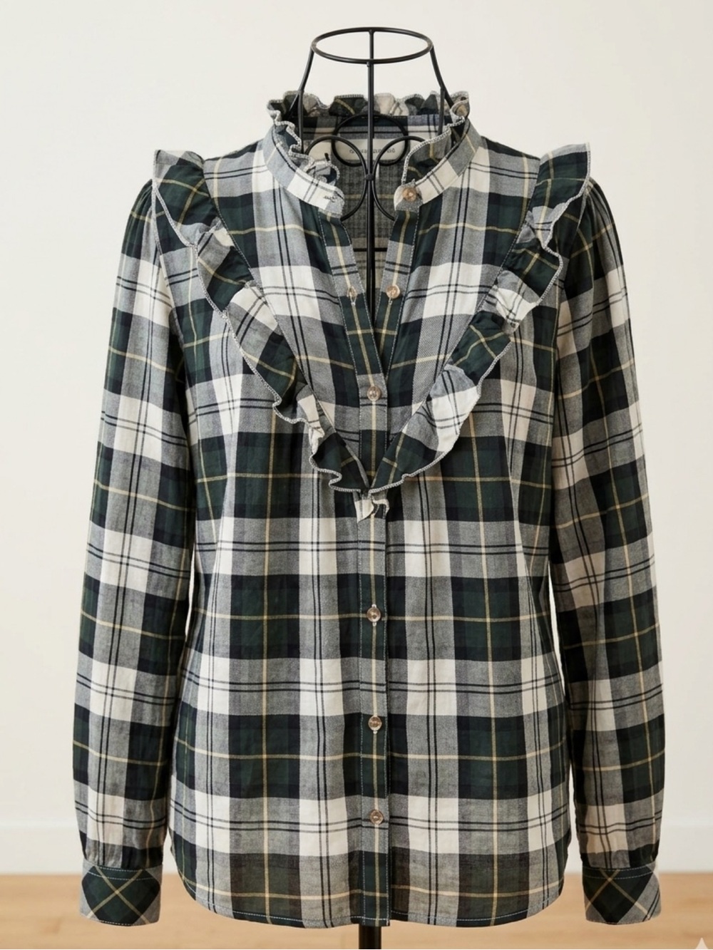 Plaid Ruffle-Trim Button-Up blouse bloin Green and White